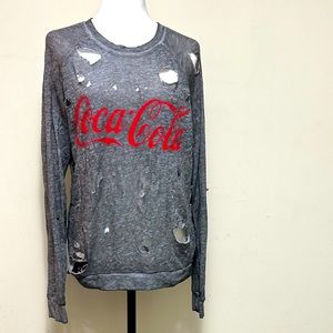 NWOT Coca Cola Gray Shredded Holes Rips Goth Punk Long Sleeve Pullover Top M-XL